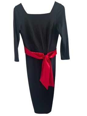 Pinup Couture Black Long Sleeve Sheath Dress with Red Satin Waist Sash